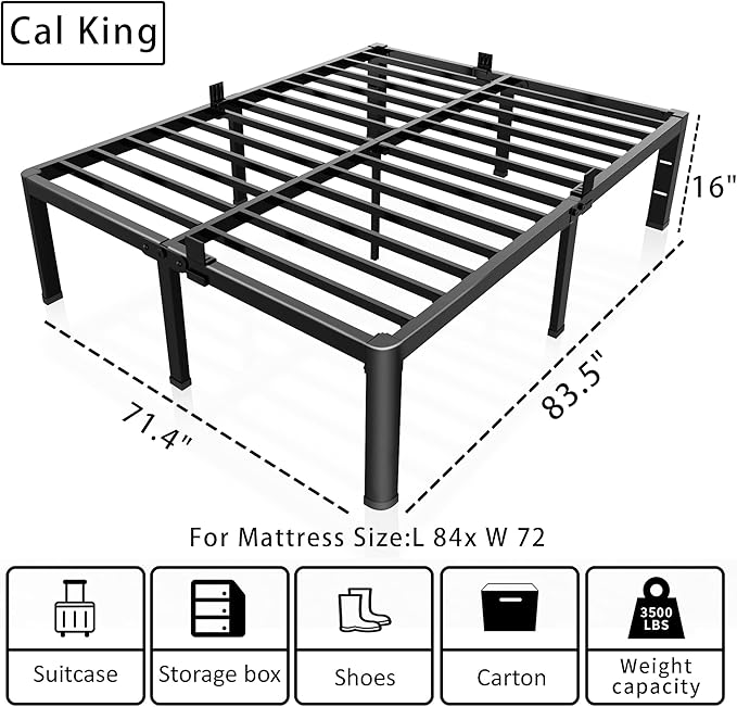 ROIL 16 Inch California King Bed Frame with Rounded Corner and Headboard Hole Mattress Retainers 3500LBS Metal Heavy Duty Steel Slats No Box Spring Needed Platform Noise-Free Easy Assembly