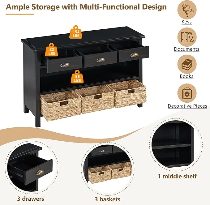 GDFStudio 47" Retro Console Table with 3 Drawers & 3 Water Hyacinth Baskets, Wooden Entryway Buffet Table with Lower Shelf, Vintage Side Board Storage Cabinet for Entryway Hallway Living Room, Black