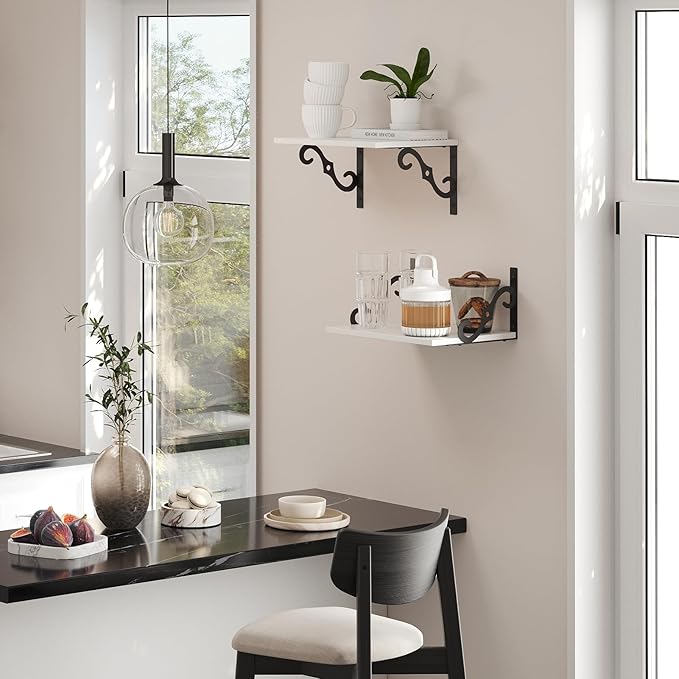 DINZI LVJ Deep Floating Shelves, 16" W x 12" D Wall Shelves Set of 2, Wide Display Shelf Wall Mounted with Brackets, Easy-to-Install Bookshelf for Living Room, Bathroom, Bedroom, White