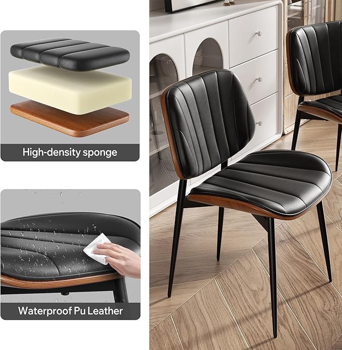 Dining Chair, Mid Century Modern Dining Room Chairs, Upholstered Faux Leather Kitchen Chairs with Walnut Bentwood Back and Metal Legs for Kitchen Dining Room Living Room, Black