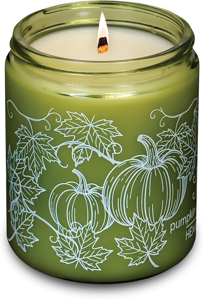 Hemlock Park Green Glass Wood Wick Candle Handcrafted with Natural Coconut Wax (Standard 8 oz, Pumpkin Crème)
