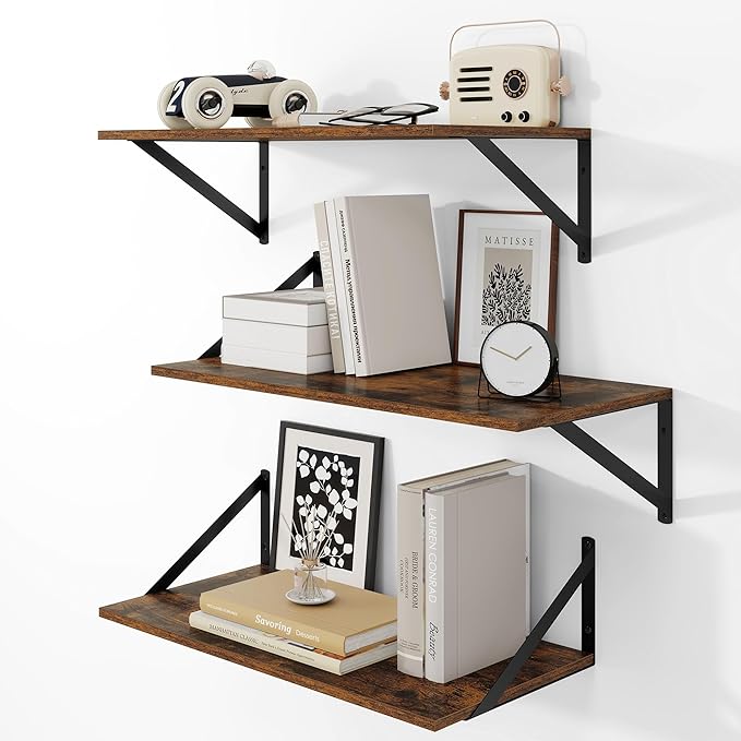 24"W x 12"D Wall Shelves for Books, 12 Inch Deep Floating Shelves Set of 3, Wide Floating Bookshelf with Metal Bracket for Living Room, Kitchen, Office, Bedroom and Decor Storage - Rustic Brown