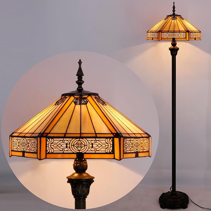 WERFACTORY Tiffany Floor Lamp Yellow Hexagon Stained Glass Mission Standing Reading Light 16X16X64 Inches Antique Pole Corner Lamp Decor Bedroom Living Room Home Office S011 Series