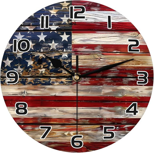 Old Wooden American Flag Wall Clock Battery Operated 10 in Round Wall Clocks Slilent Non Ticking Quartz Analog Clock for Bedroom Kids Living Room Classroom Decor