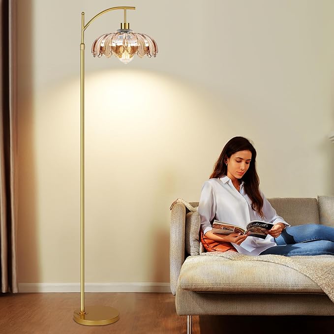 Gold Arc Floor Lamp for Living Room with Remote,Dimmable Modern Floor Lamps with Amber Glass Shade,Unique Vintage Flower Standing Tall Lamp,Mid Century Floor Lamps for Bedroom Office Corner