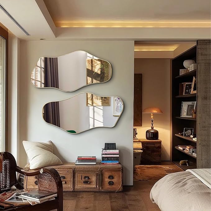 Irregular Wall Mirror, 47"x25" Large Asymmetrical Mirrors with Gold Metal Frame, Cloud Shaped Mirror, Modern Abstract Mirrors for Living Room Bathroom Bedroom Hallway Entryway Fireplace
