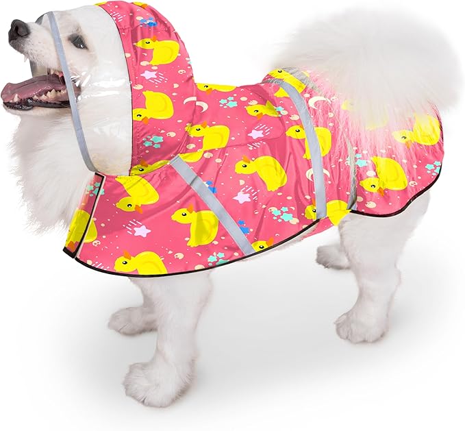 Dog Raincoat, Adjustable Dog Rain Jacket with Clear Hooded Double Layer for Large Medium Small Dogs Puppies, Waterproof Rain Coat Poncho Duck, Pink-M