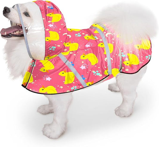 Dog Raincoat, Adjustable Dog Rain Jacket with Clear Hooded Double Layer for Large Medium Small Dogs Puppies, Waterproof Rain Coat Poncho Duck, Pink-XXL