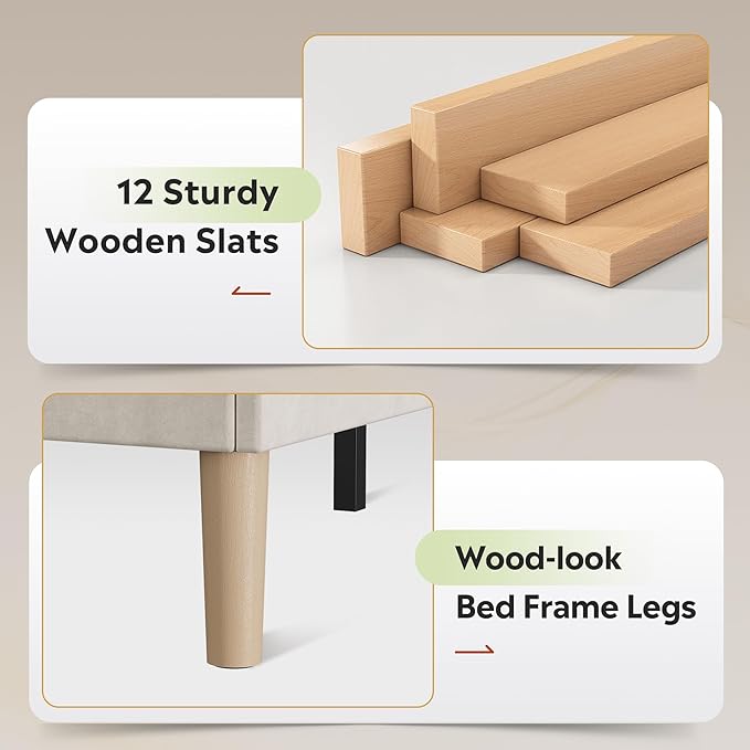 WLIVE Queen Size Upholstered Bed Frame with Storage Headboard, Velvet Square Tufted Platform Bed with Charging Station, Sturdy Metal & Wooden Slats Support, No Box Spring Needed, Beige