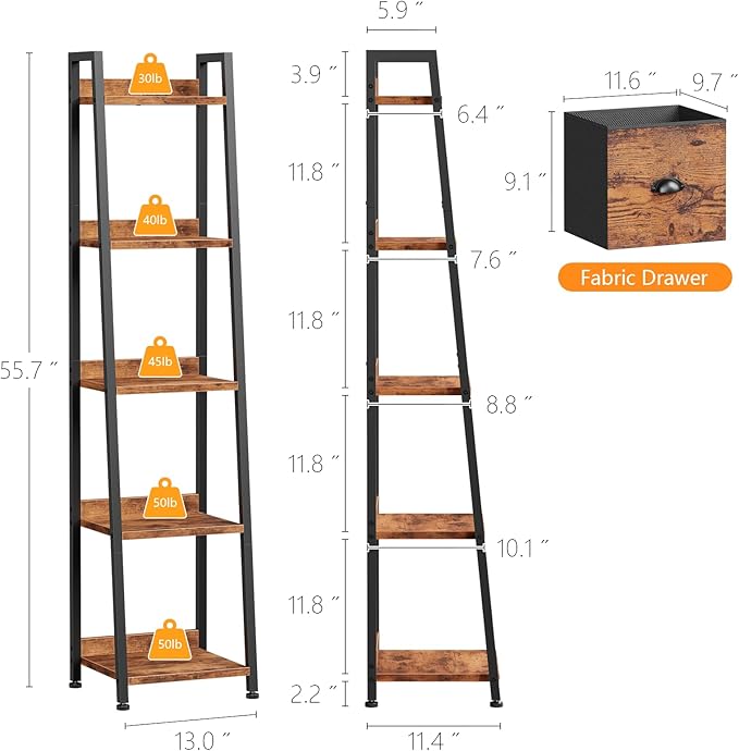 Furologee 5 Tier Narrow Ladder Shelf, Ladder Bookshelf with Drawer, Industrial Shelves Storage Rack Organizer,Skinny Display Shelving Units for Living Room,Bedroom, Kitchen,Rustic Brown