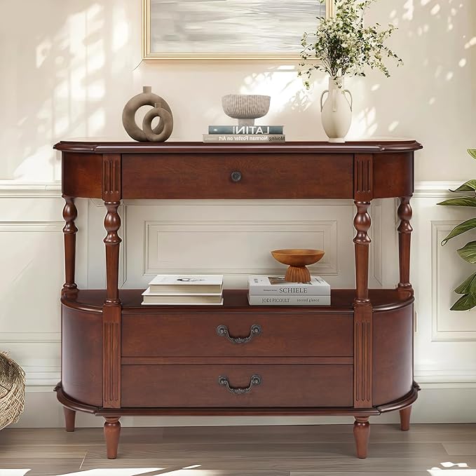 HMFULE Solid Wood Retro Curved Console Table, 43" Half Moon Console Table Sofa Table Entryway Table with 3 Drawers Open Shelf Pine Roman Legs Curved Corners for Living Room,Entryway,Hallway,Cherry