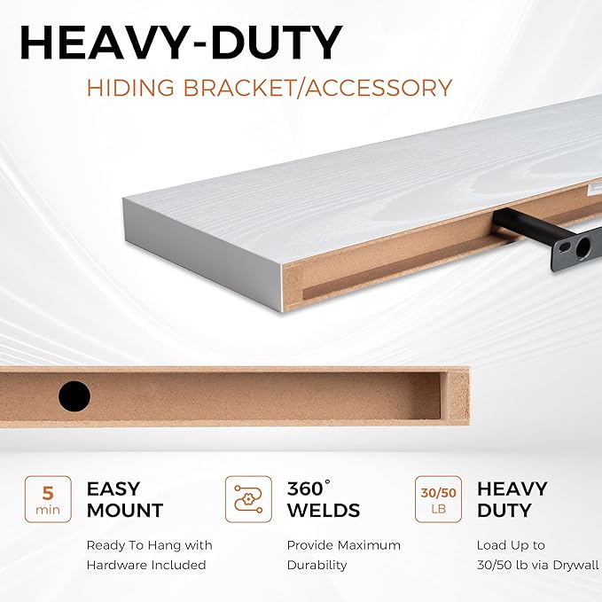 Fun Memories Floating Shelves for Wall, 40 Inch Floating Shelves for Home Decor, Wall Mounted Rustic Wood Shelves, Bathroom, Hanging Deep Shelf for Bedroom, Living Room, Kitchen (White, Set of 2)