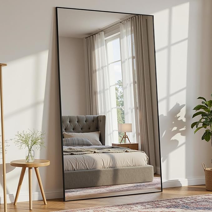 Full Length Mirror, 72"x44" Full Body Mirror, Floor Mirrors with Stand, Body Mirrors Standing Hanging Leaning Against Wall,Aluminum Frame Mirrors for Bedroom Cloakroom,Living Room,Black