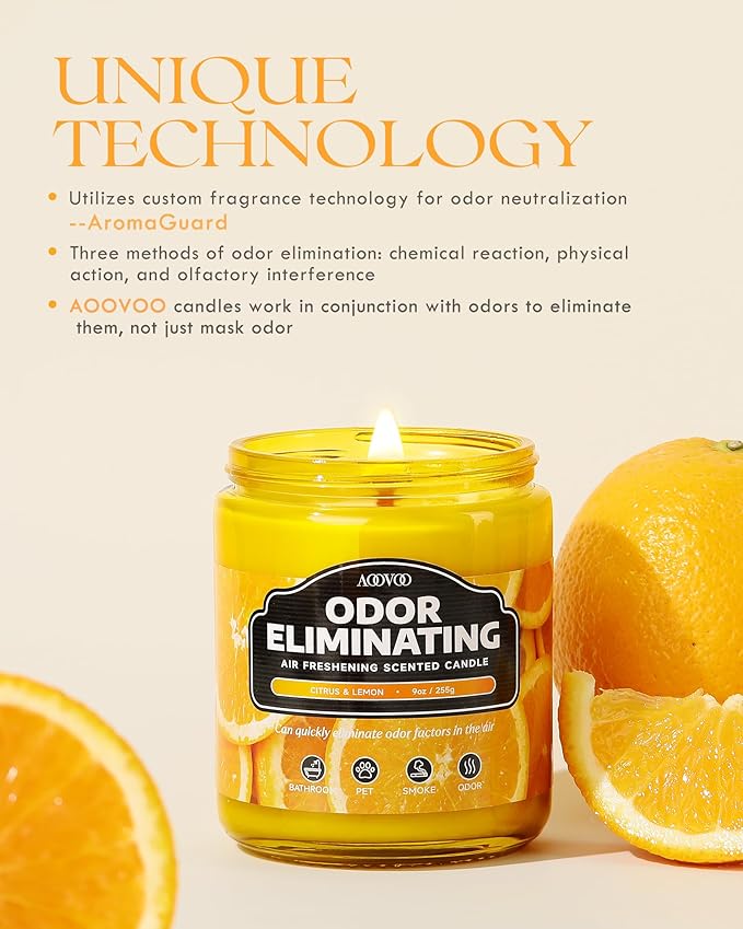 AOOVOO Citrus & Lemon 2 Pack Odor Eliminating Highly Fragranced Candle - Eliminates 95% of Pet, Smoke, Food and Other Smells Quickly, Air Freshing Soy Candle, 18 oz Up to 100 Hours Burn time