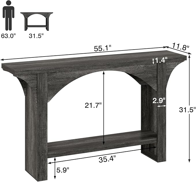 55 Inches Console Table,2 Tier Farmhouse Entryway Table,Narrow Wood Accent Tables with Storage Shelves for Living Room,Entrance,Hallway,Foyer (Gray)