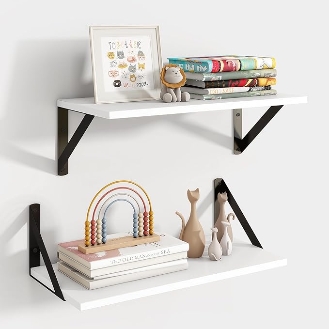 Axeman White Floating Shelves for Wall, 16W x 8D Floating Shelves Set of 2, 8'' Deep Wall Shelves for Bookshelf Living Room Bedroom Home Office Bathroom