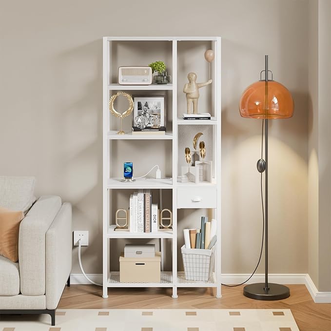 Furologee Bookshelf with USB Ports and Outlets, Shelf with Drawer, Mordern Display Shelves with Charging Station, 6 Tier Storage Shelves for Bedroom, Living Room, Home Office, White