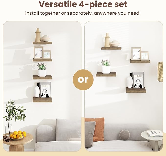 Fun Memories Floating Shelves for Wall - 7.5 Inch Square Shelves with Invisible Brackets, Grey Small Wall Shelf for Living Room, Bathroom, Bedroom, and Kitchen Decor，Set of 4