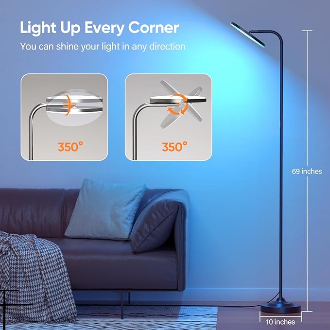 RGB Floor Lamp, 36W Bright LED Standing Lamp, Stepless Dimming Color Changing Torchiere Floor Lamps with Remote, 350°Rotating Modern Tall Floor Lamp for Living Room, Gaming Room