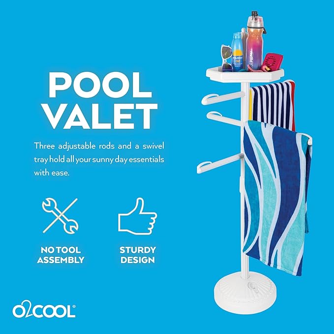 O2COOL Pool & Spa Valet, Adjustable Pool & Patio Towel Holder with Weighted Base, Outdoor Towel Bar, Poolside Table, White