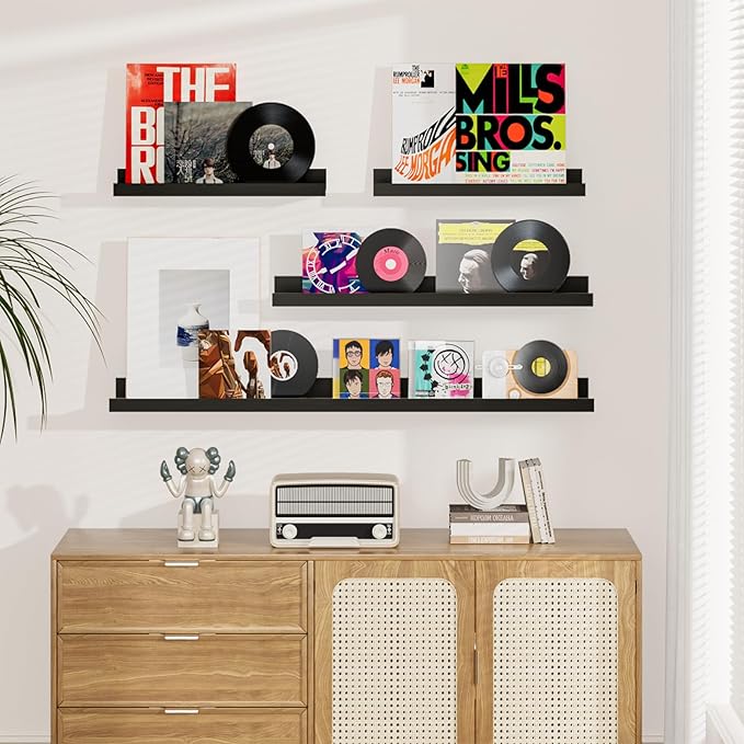 Heimlove Floating Shelves Set of 6, 16" Wall Mounted Picture Ledge, Display Shelf Organizer for Decor Storage, Wall Mounted Shelves for Living Room, Bedroom, Bathroom, Kitchen (Black)