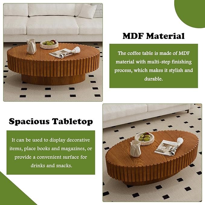 Oval Coffee Tables for Living Room 43.3" Olive-Shaped Fluted Coffee Table with Sturdy Pedestal Modern Wood Drum Coffee Table Contemporary Center Table for Farmhouse Apartment (Oval Wood)