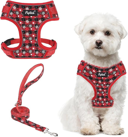 PUPTECK Small Dog Harness and Leash Set, No Pull Adjustable Puppy Cat Harness, Reflective Soft Mesh Pet Vest Small Sized, Plaid Christmas Red M