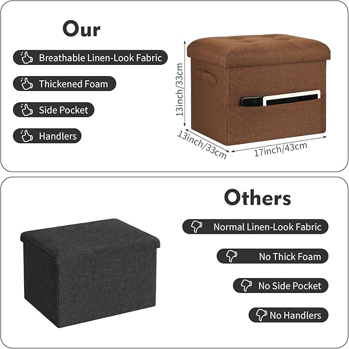 Storage Ottoman Cube, Folding Foot Rest with Thicker Foam Padded Seat. 350 lbs Small Linen Ottoman with Storage Bench Footstool for Living Room, Bedroom, Coffee Table. 17x13x13in, Brown