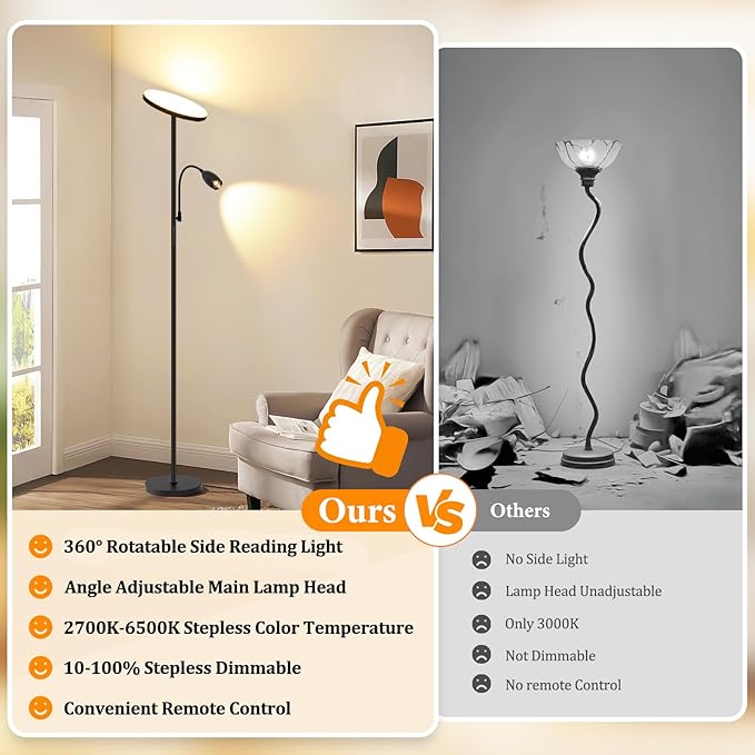 LED Torchiere Floor Lamp with Gooseneck Reading Light, 69" Dimmable Reading Floor Lamp with Adjustable Color Beam, Remote Control Standing Lamp, Zoomable Spotlight for Living Room,Bedroom,Office,Black