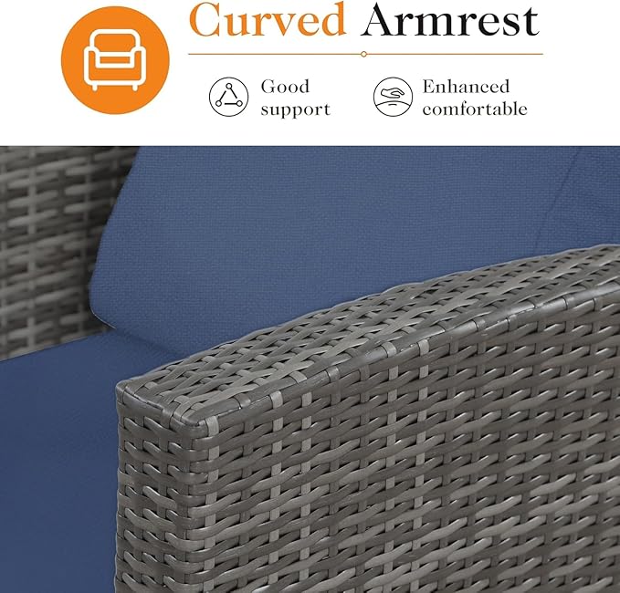 Solaste 4 Piece Outdoor Patio Furniture Set, Outdoor Sectional Sofa with Tempered Glass Coffee Table and Cushions, Wicker Rattan Patio Set for Backyard, Front Porch, Balcony, Navy