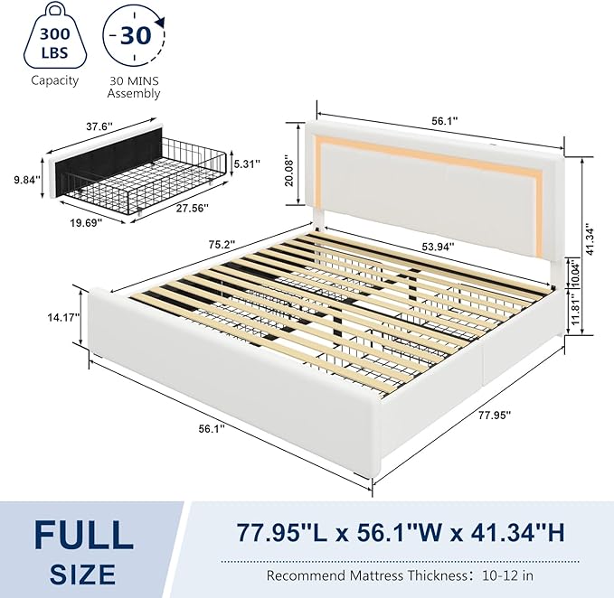Full Size Bed Frame with Adjustable Headboard, Upholstered Platform Bed with 4 Storage Drawers, Wooden Slats Support, Built in Charging Station & LED, Noise-Free, No Box Spring Needed, Beige