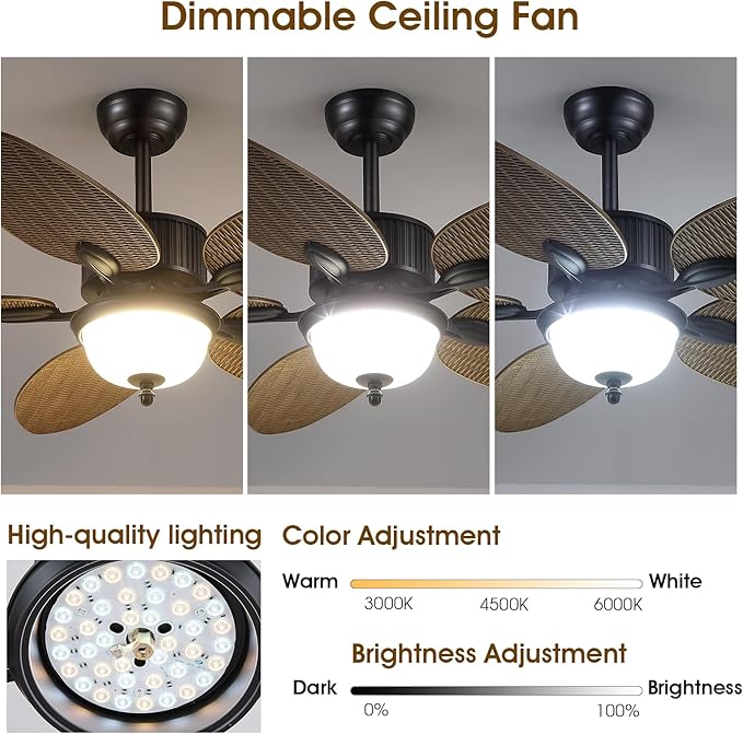 50 Inch Tropical Ceiling Fans with Lights and Remote/APP Control, Outdoor Waterproof Palm Leaf Ceiling Fan for Patios Porches, Wet Rated, Glass Lampshade, 6 Speeds, Quiet, Wood Grain