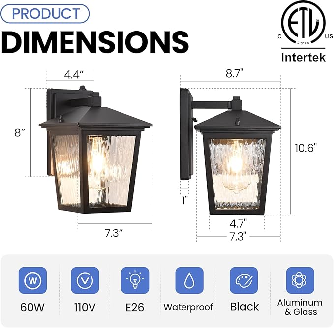 Dusk to Dawn Outdoor Wall Lantern, Exterior Wall Sconce Light Fixture with E26 Base, Black Waterproof Wall Mount Light, Outdoor Lantern for Porch