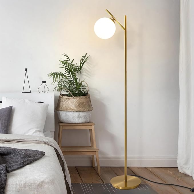 Mid Century Floor Lamp for Living Room Modern Tall Standing Lamp with Frosted Glass Globe Shades Contemporary Brass Freestanding Lamp for Office Bedroom (Gold)