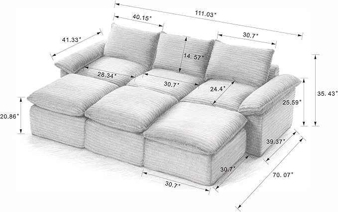 111" Cloud Sectional Couch, Corduroy Sectional Sofa with Ottoman, Boneless Couch with Deep Seat in a Box for Living Room, No Assembly Required (White)