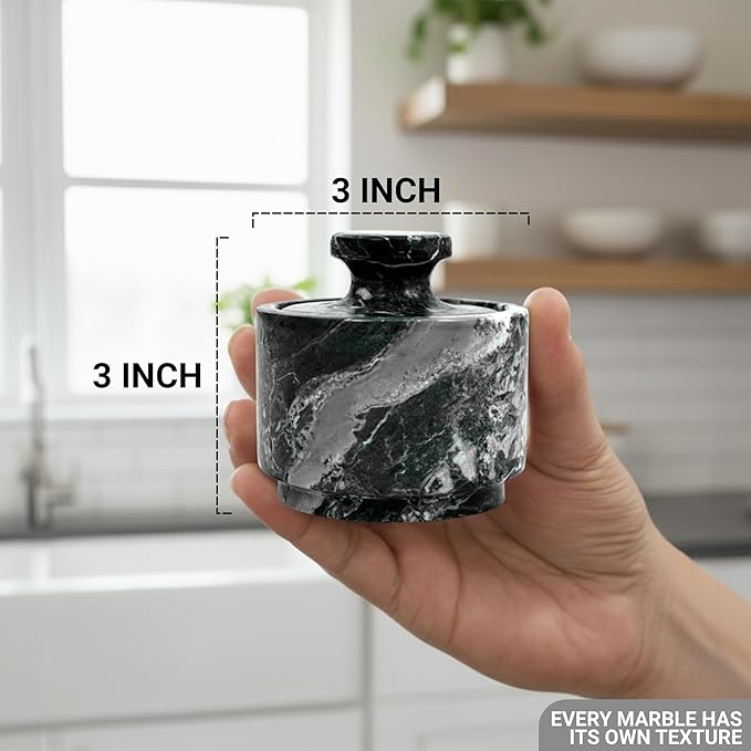 Marble Salt Cellar With Lid - Stone Salt Container And Stone Salt Holder, Spice Jars for Counter, Candy Jar & Spice Jar, Black
