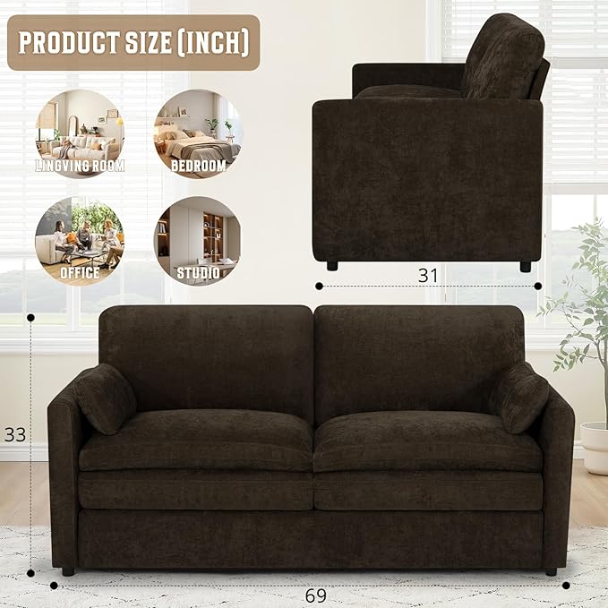 69" Chenille Modern Couch with Cozy & Soft Backrests, 2 Seats Sofa with 2 Extra Pillows, Comfy Upholstered Sofa with Thicker Cushions for Living Room, Office, Brown