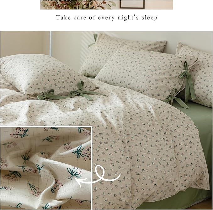 Cotton Duvet Cover King Chic Aesthetic Green Floral Comforter Cover Vintage Cottagecore Style Duvet Cover with 2 Bowknot Pillowcases Garden Flower Botanical Bedding Duvet Cover with Zipper Closure