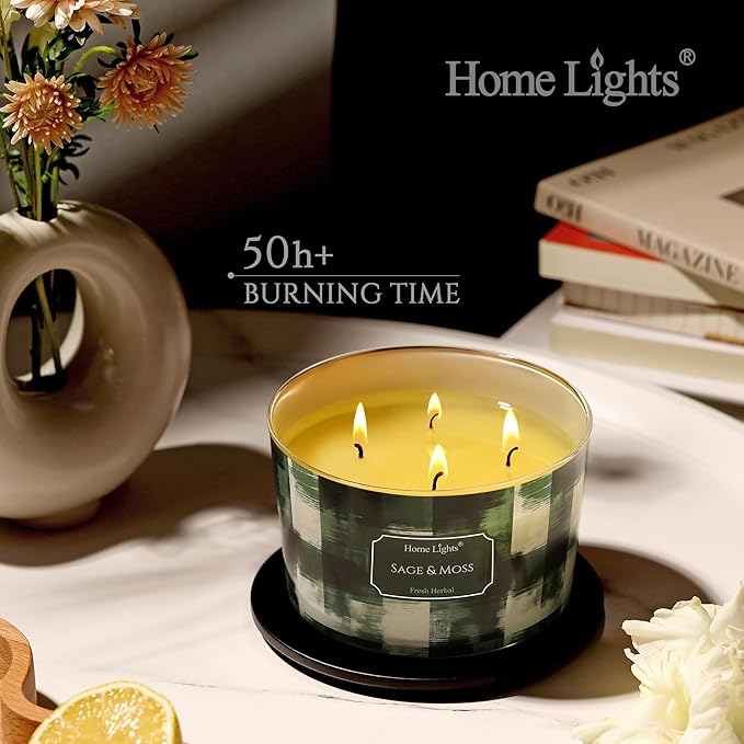 HomeLights Scented Candles for Women & Men, 18oz Candle Jars Aromatherapy 4-Wick Candle, Ideal for Scandinavian Minimalist Design Home Decor and Gifts, Sage & Moss