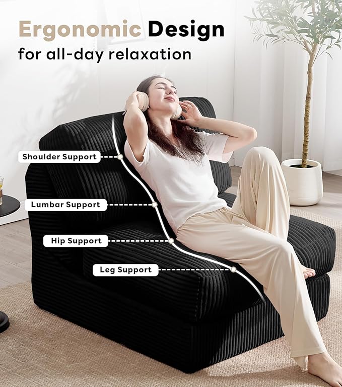 Tbfit Folding Sofa Bed, Convertible Sleeper Chair with Large Pillow, Corduroy Folding Couch Bed, Portable & Foldable Mattress Boneless Floor Sofa for Living Room, Bedroom, Office, Black, Single