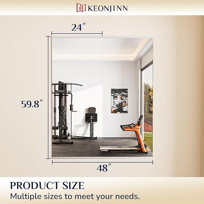 Keonjinn Home Gym Mirror, 60" x 24" - 2PCS Workout Mirrors for Home Gym, Frameless Tempered Glass, Full Body Wall Mirrors for Fitness Exercise, Yoga Room, Dance Studio, Bedroom, Garage