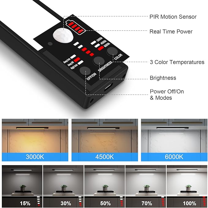 YELKO Motion Sensor Cabinet Lights, 3200mAh Battery Operated Closet Light, Portable Rechargeable Motion Lights, 3 Colors, 5 Brightness Adjustable Motion Lamp for Kitchen Wardrobe Cupboard(Two Pack)