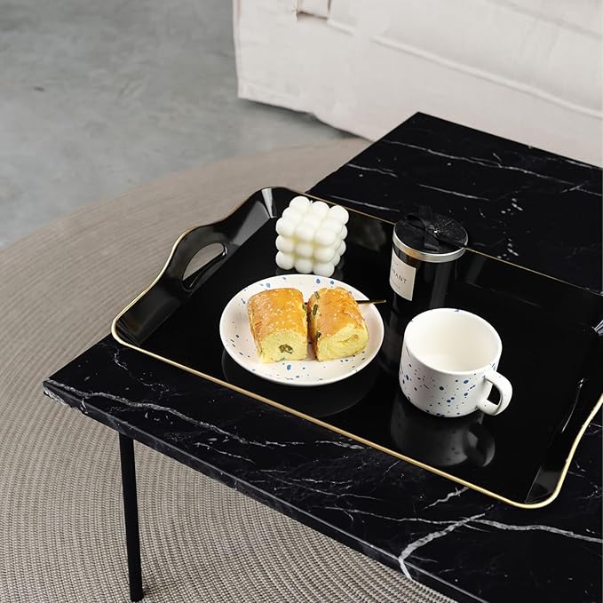Black Decorative Tray for Coffee Table with Handles, Plastic Rectangular Serving Tray for Living Room, Bathroom, Outdoors, 11.8"*17.3"
