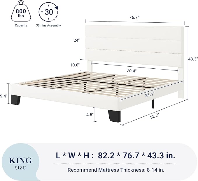 Allewie King Size Platform Bed Frame with Velvet Upholstered Headboard and Wooden Slats Support, Fully Upholstered Mattress Foundation/No Box Spring Needed/Easy Assembly, White