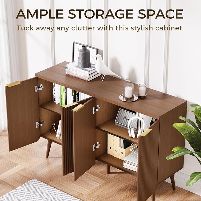 4-Door Fluted Sideboard Buffet Cabinet, 47" Large Storage Cabinet with Shleves, Wood Modern Accent Credenza Kitchen Table for Dining Room, Living Room & Entryway, Walnut