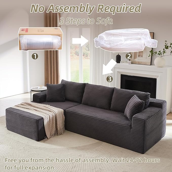 104 Inch Cloud Sectional Couch with L-Shape Chaise,Modern Upholstered Couches with Deep Seat,Corduroy Sponge Compressed Sofa for Living Room,No Assembly Required (Dark Grey)