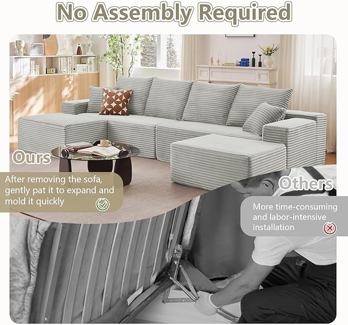 140" Sectional Cloud Couch for Living Room, Stupendous U Shaped Sofas, Modular Floor Deep-Seat Sofa, Big Comfy Corduroy Couches Set with Fluffy Memory Foam, No Assembly Required, Grey
