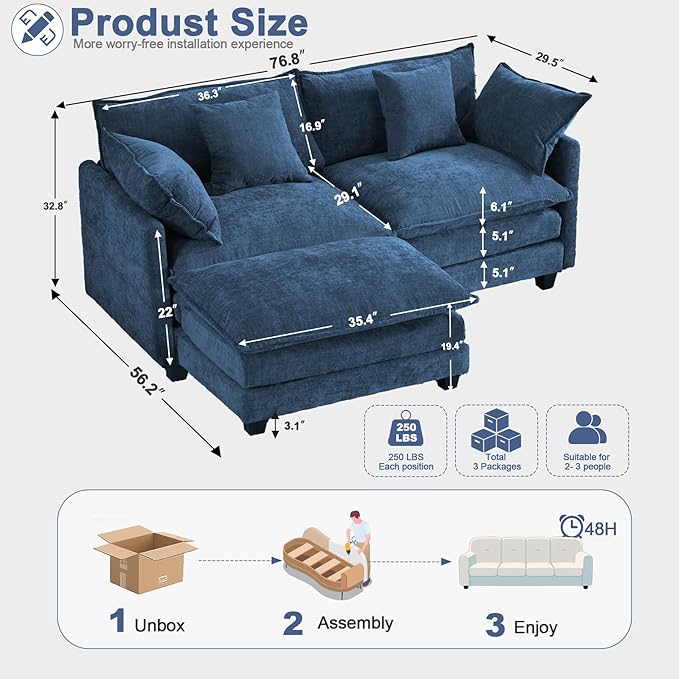 77" Cloud Chenille L-Shaped Sofa with Ottoman | Space-Saving Apartment Couch with 29.1" Deep Seat & Footrest | FSC Certified Solid Wood & Metal Frame | Easy Assembly & 1YR Guarantee