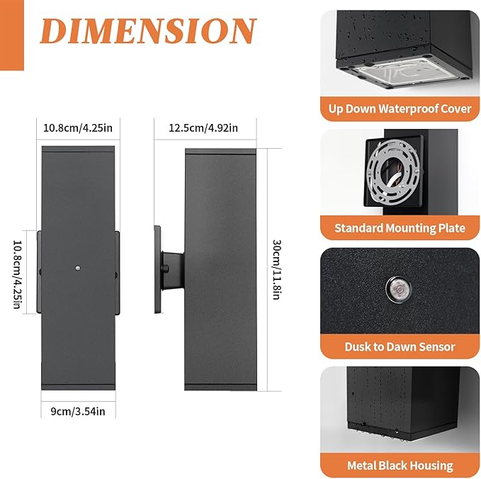 Dusk to Dawn Outdoor Lighting, LED Square Up and Down Outdoor Sconce Lights, Matte Black Exterior Lighting Fixtures with 7W LED Bulbs, Front Porch Lights for House, Garage, Patio, Doorway, 2 Pack