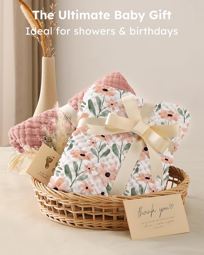 Yoofoss Hooded Baby Towels for Newborn 2 Pack 100% Muslin Organic Cotton Baby Bath Towel with Hood for Babies, Infant, Toddler and Kids, Large 32x32Inch, Soft and Absorbent Newborn Essential